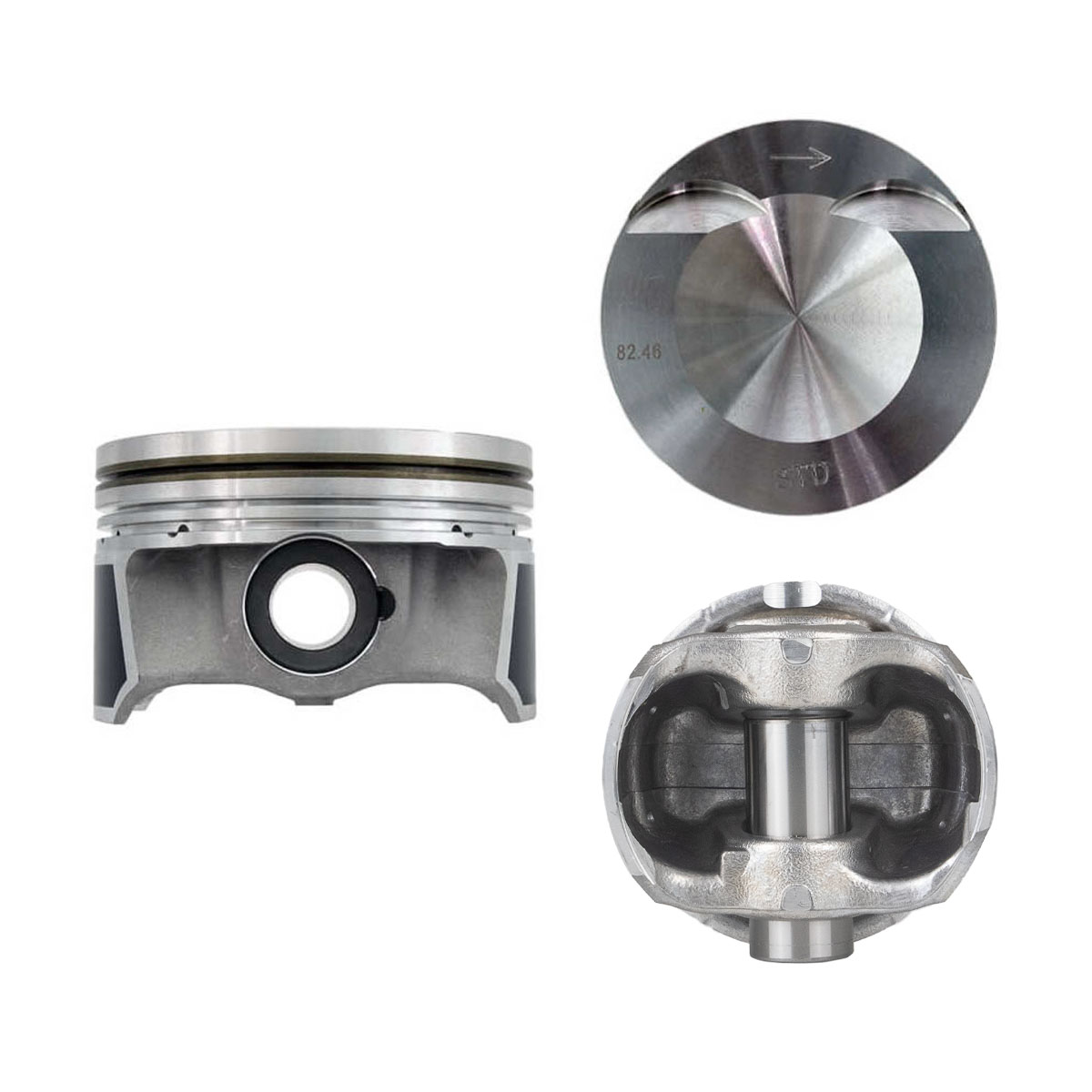 Juego De Pistones (4 Cil.) > Ranuras 1.2 X 1.2 X 2.0, Diam. 82.50 Mm/ 3.248 In, Dist. Comp. 29.60 Mm/ 1.165 In, Acabado Brillante, Cabeza Con Cazuela,